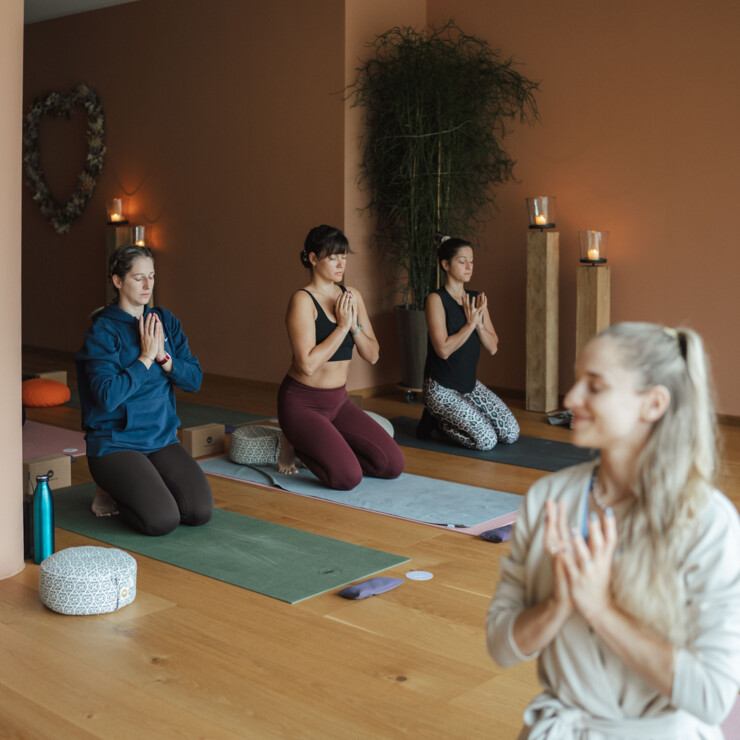 Yoga attendens at the yoga retreat with the trainer infront of the group